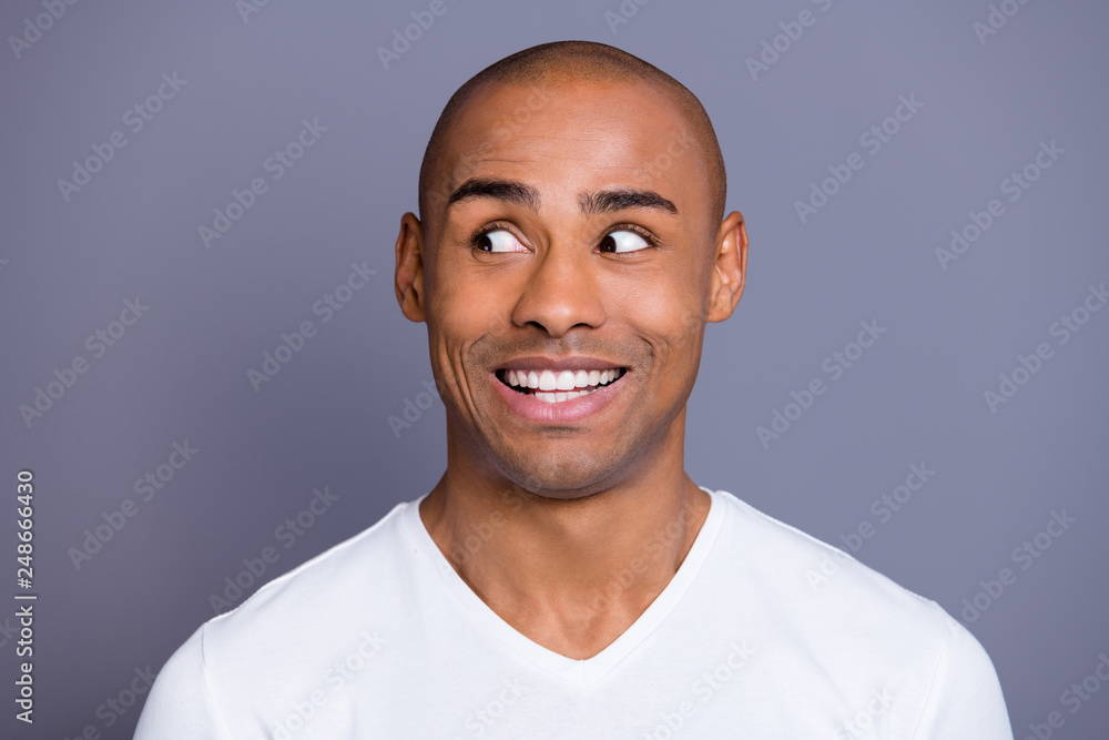 Close-up portrait of nice handsome attractive cheerful cheery funny well-groomed guy wearing white shirt looking aside plan guess peer isolated over gray pastel background Close-up portrait of nice handsome attractive cheerful cheery funny well-groomed guy wearing white shirt looking aside plan guess peer isolated over gray pastel background