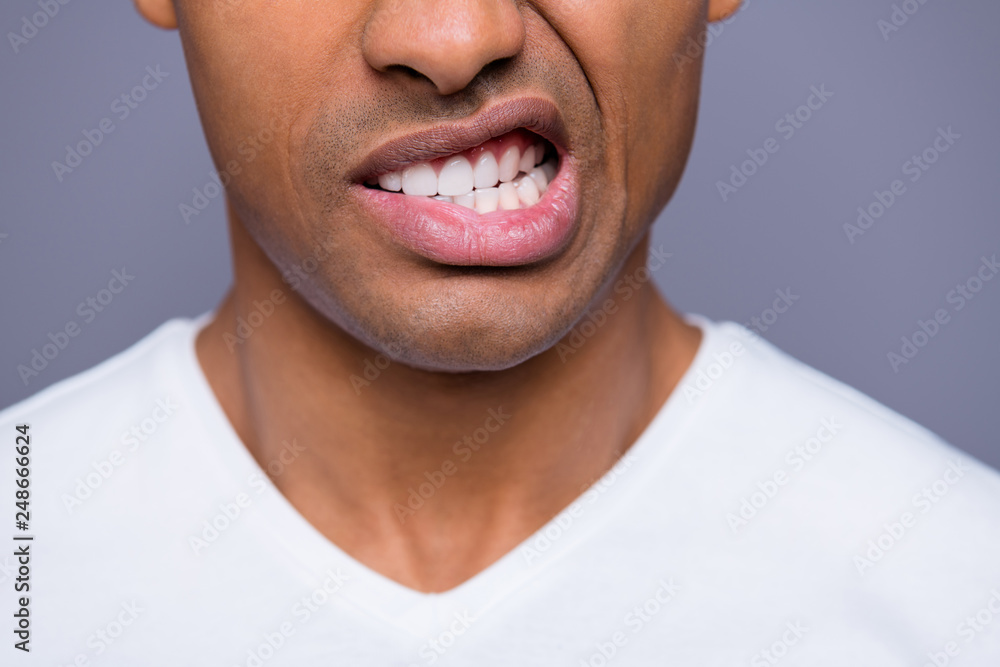 Fototapeta premium Close-up cropped portrait of his he nice handsome attractive well-groomed evil crazy guy wearing white shirt grinning teeth isolated over gray violet purple pastel background