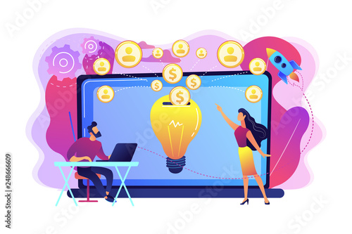 Businessman with new project at laptop and people funding it via internet. Crowdfunding, crowdsourcing project, alternative financing concept. Bright vibrant violet vector isolated illustration