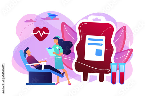 Nurse with donor sitting in medical chair and donating blood in donation bag. Blood donation, blood donor, hemolytic transfusion bank concept. Bright vibrant violet vector isolated illustration
