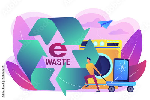 Businessman taking old smartphone in cart to electronic waste recycling. E-waste reduction, electronics trade-in programs, gadgets recycling concept.Bright vibrant violet vector isolated illustration