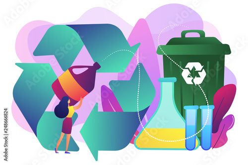 Businesswoman recycling plastic detergent bottle to produce chemicals. Chemical recycling, plastics recycling method, polymeric wastes reuse concept. Bright vibrant violet vector isolated illustration