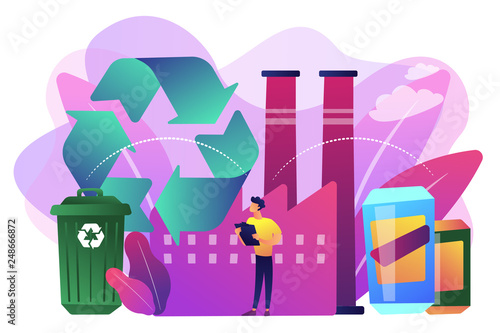 Specialist at plant recycling plastic into raw material, waste bin. Mechanical recycling, back-to-plastics recycling, waste material reuse concept. Bright vibrant violet vector isolated illustration