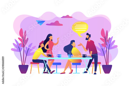 Group of friends sitting at the table talking, drinking coffee and tea, tiny people. Friends meeting, cheer up friend, friendship support concept. Bright vibrant violet vector isolated illustration