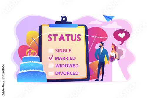 Married couple and marital status on clipboard, tiny people. Relationship status, marital status and separation, marriage and divorce concept. Bright vibrant violet vector isolated illustration