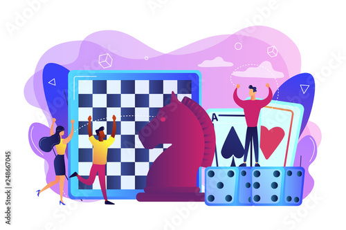 Entertainment of tiny people playing and winning chess, game cards and dice. Board game, leisure time activity, whole family activity concept. Bright vibrant violet vector isolated illustration