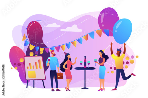 Happy tiny business people dancing, having fun and drinking wine. Corporate party, team building activity, corporate event idea concept. Bright vibrant violet vector isolated illustration