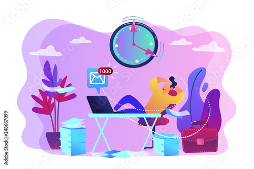 Procrastinating businessman sitting with legs on office desk postponing work. Procrastination, unprofitable time spending, useless pastime concept. Bright vibrant violet vector isolated illustration