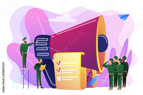 Officer with megaphone recuiting, soldiers saluting, tiny people. Military conscription, compulsory military service, new soldier recruiting concept. Bright vibrant violet vector isolated illustration