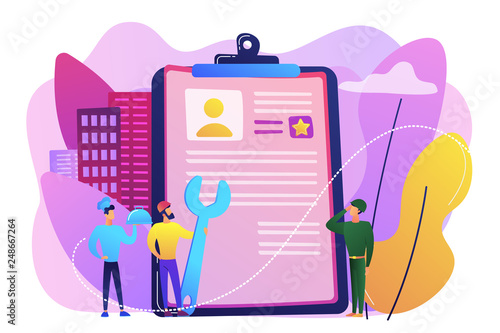 Tiny people cook and builder perform alternative civilian labour. Alternative civilian service, non-military service, substitute service concept. Bright vibrant violet vector isolated illustration