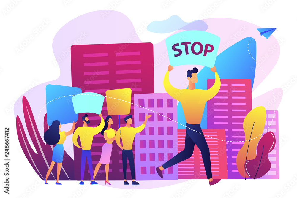 Fototapeta premium Crowd of protesting tiny people holding placards and banners with stop on the meeting. Mass meeting, assembly of people, spontaneous rally concept. Bright vibrant violet vector isolated illustration