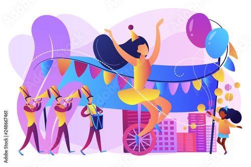Parade of tiny people, clown, marching music band at national holiday or carnival. Parade, massive celebration, march procession of people concept. Bright vibrant violet vector isolated illustration