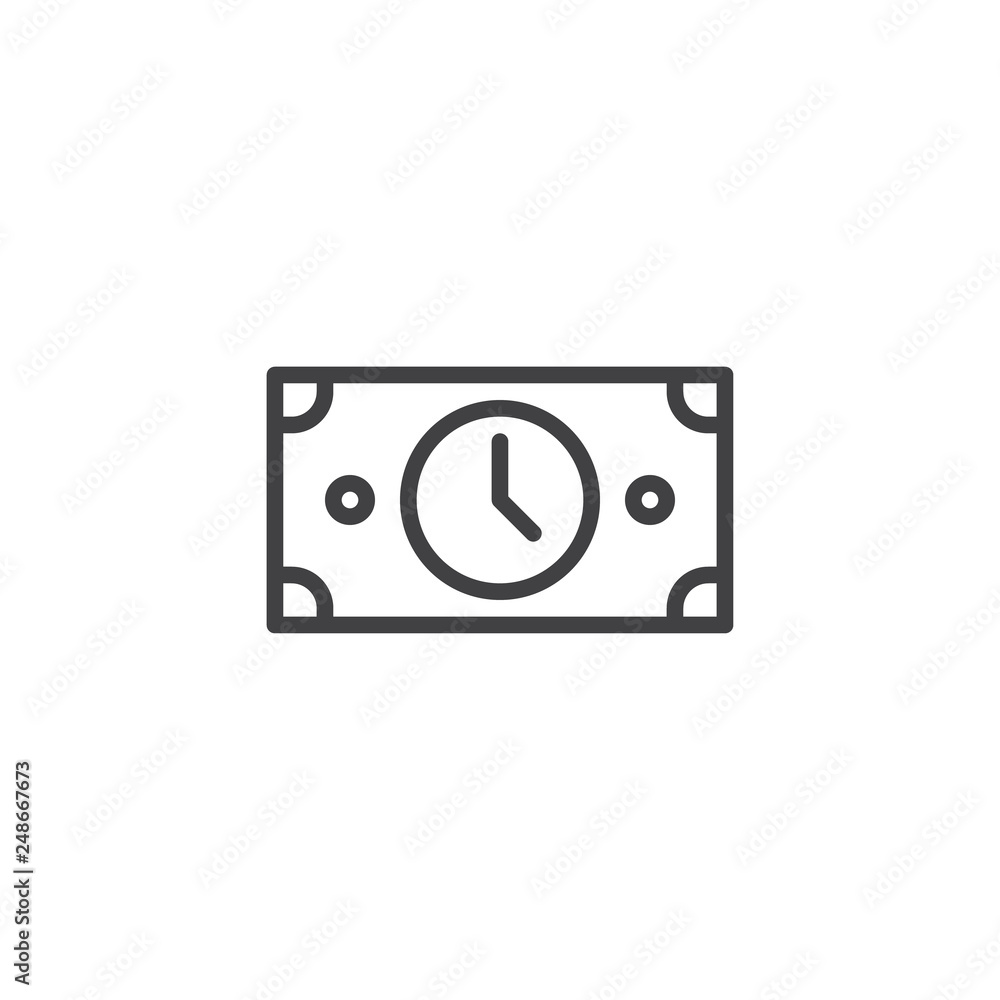 Time is money line icon. linear style sign for mobile concept and web design. Paper money bill and clock outline vector icon. Symbol, logo illustration. Pixel perfect vector graphics Time is money line icon. linear style sign for mobile concept and web design. Paper money bill and clock outline vector icon. Symbol, logo illustration. Pixel perfect vector graphics