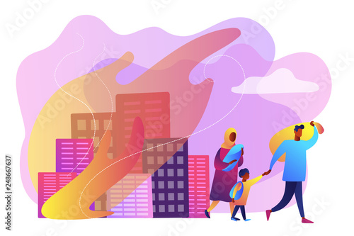 Tiny people refugee migrant family in destroyed city searching for new home. Refugees people, refugee crisis, forced displaced people concept. Bright vibrant violet vector isolated illustration