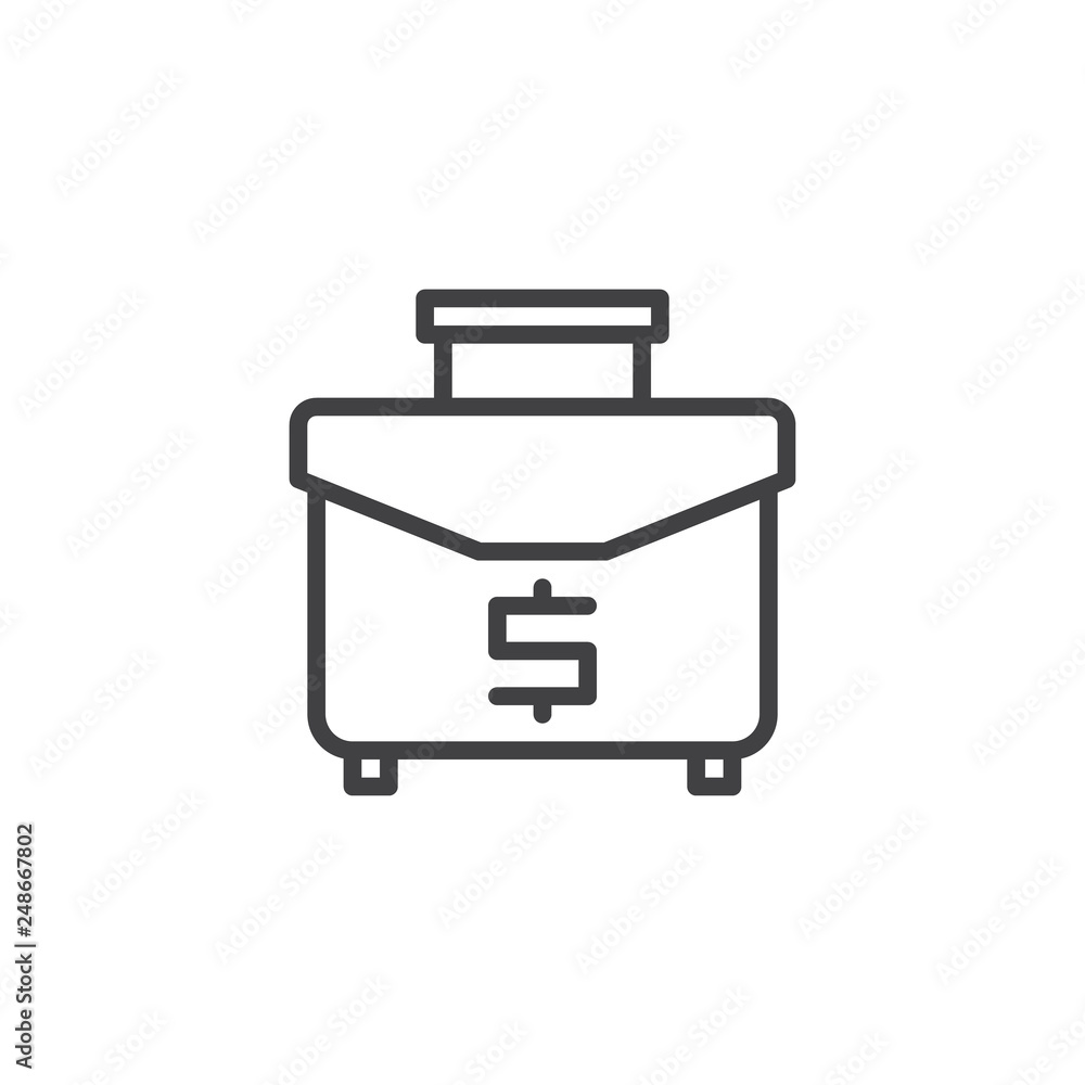 Money briefcase line icon. linear style sign for mobile concept and web design. Business case with dollar outline vector icon. Symbol, logo illustration. Pixel perfect vector graphics Money briefcase line icon. linear style sign for mobile concept and web design. Business case with dollar outline vector icon. Symbol, logo illustration. Pixel perfect vector graphics
