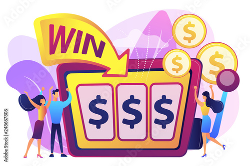 Lucky tiny people gambling and winning money at slot machine with dollar sign. Slot machine, money game winner, jackpot win concept. Bright vibrant violet vector isolated illustration