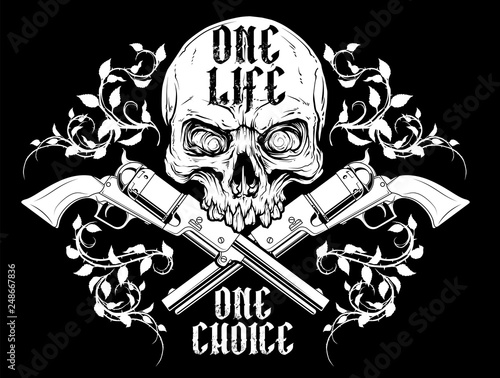 Detailed graphic realistic white human skull with crossed revolvers and rose spikes . On black background. Vector icon.