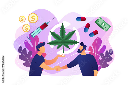 Drug dealer distributing and selling marijuana, pills and syringe to customer. Drug trafficking, illegal drug trade, global black market concept. Bright vibrant violet vector isolated illustration
