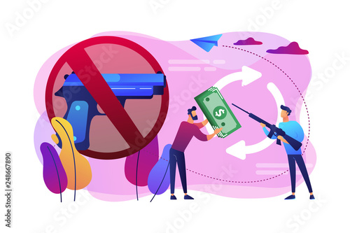 Illegal arms trafficking sign and dealer selling gun to customer. Arms trafficking, contraband weapons, international terrorism concept. Bright vibrant violet vector isolated illustration
