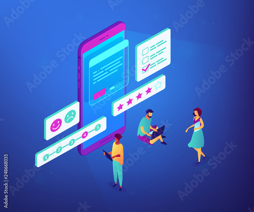 Tiny people at smartphone filling out questionnaire form and rating. Online survey, internet questionnaire form, marketing research tool concept. Ultraviolet neon vector isometric 3D illustration.