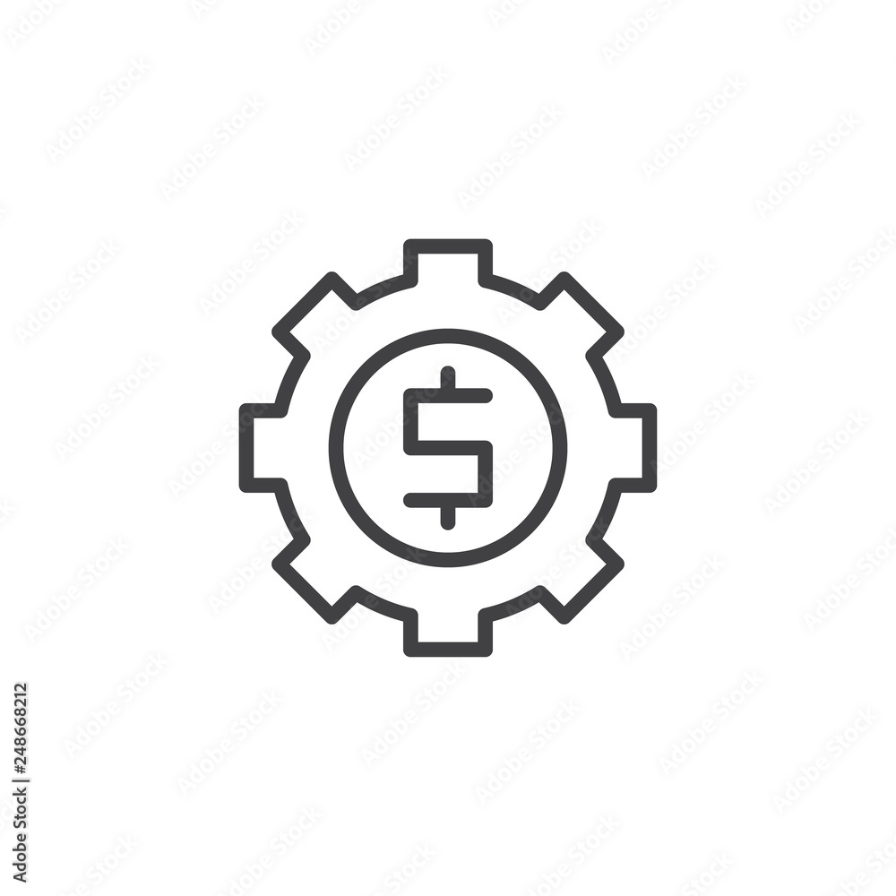 Gear with dollar line icon. linear style sign for mobile concept and web design. Money options outline vector icon. Symbol, logo illustration. Pixel perfect vector graphics Gear with dollar line icon. linear style sign for mobile concept and web design. Money options outline vector icon. Symbol, logo illustration. Pixel perfect vector graphics