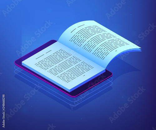 Open ebook on digital tablet screen for modern education and e-learning. Digital reading, e-classroom textbook, modern education concept. Ultraviolet neon vector isometric 3D illustration. photo