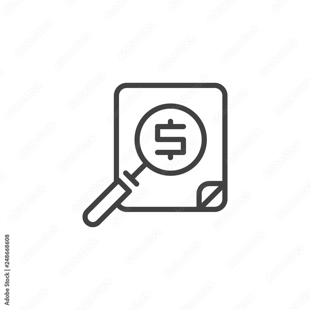 Search financial document file line icon. linear style sign for mobile concept and web design. Magnifying glass with dollar document outline vector icon. Symbol logo illustration. Pixel perfect vector Search financial document file line icon. linear style sign for mobile concept and web design. Magnifying glass with dollar document outline vector icon. Symbol logo illustration. Pixel perfect vector