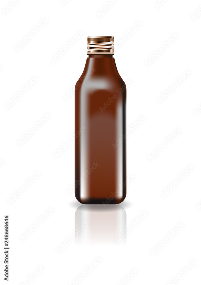 Blank brown cosmetic square bottle with screw lid for beauty or healthy product. Isolated on white background with reflection shadow. Ready to use for package design. Vector illustration. Blank brown cosmetic square bottle with screw lid for beauty or healthy product. Isolated on white background with reflection shadow. Ready to use for package design. Vector illustration.