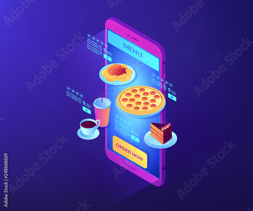 Choose fast food and drink on menu online with smartphone app and order now. Online order, internet food ordering, digital restaurant menu concept. Ultraviolet neon vector isometric 3D illustration.