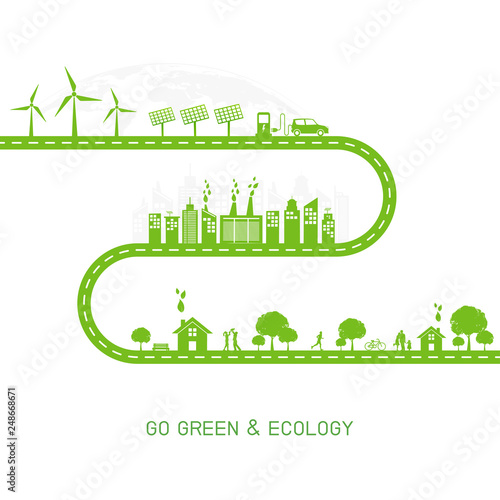 Go green and Ecology concept with green city on road, World environment and sustainable development concept,