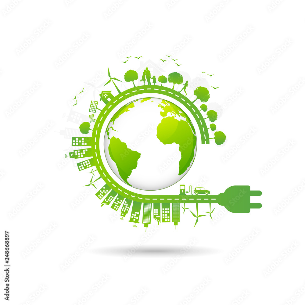 Ecology concept with green city for world environment day and sustainable development concept, vector illustration