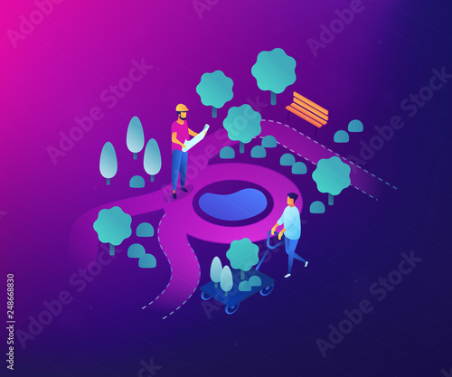Tiny people landscape designer planning and gardener planting decorative plants. Landscape design, landscape planning, gardening services concept. Ultraviolet neon vector isometric 3D illustration.