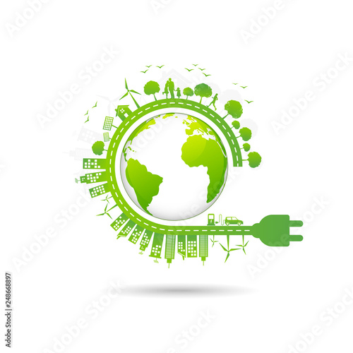 Ecology concept with green city for world environment day and sustainable development concept, vector illustration