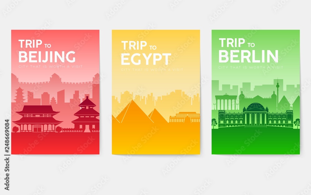 Travel information cards. Landscape template of flyear, magazines, posters, book cover, banners. Country of England, China, Germany, India, Japan, USA, France and Egypt set. Layout city pages
