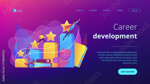 Businessmen climb growth column graph. Career and personality development, careerbuilder, career planning progress concept on white background. Website vibrant violet landing web page template.