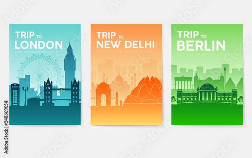 Travel information cards. Landscape template of flyear, magazines, posters, book cover, banners. Country of England, China, Germany, India, Japan, USA, France and Egypt set. Layout city pages