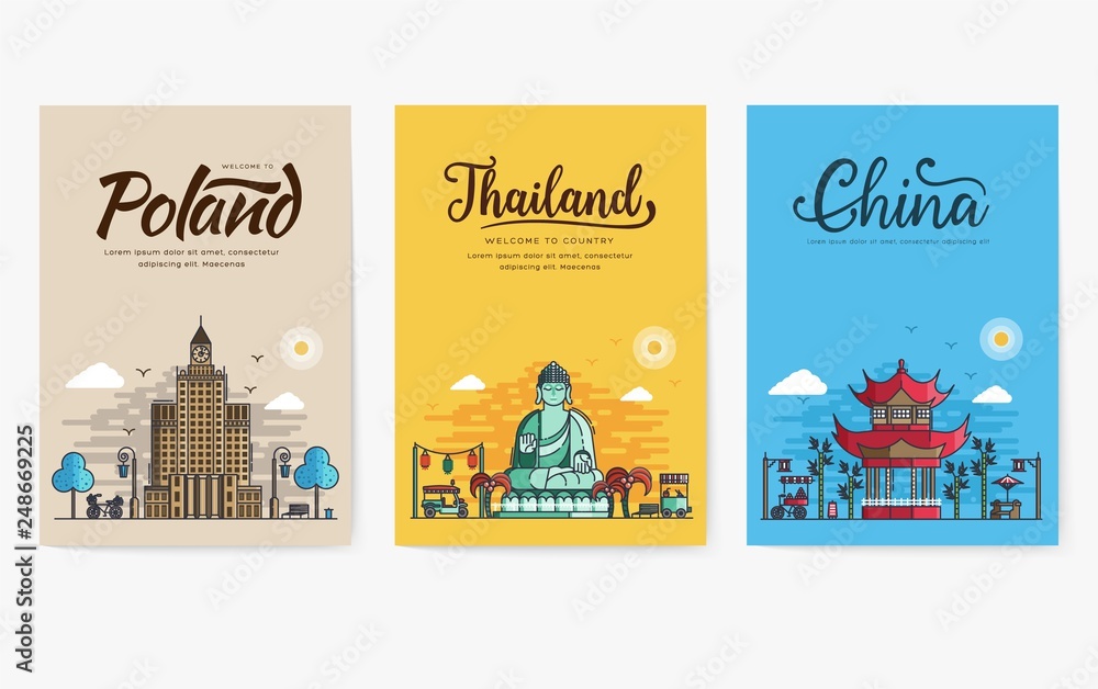 Set of outline different cities for travel destinations. Landmarks banner thin line of flyer, magazines, posters, book cover, banners. Layout world architectural flat illustrations modern pages