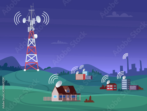 Landscape wireless tower. Satelite antena mobile coverage television radio cellular digital signal vector illustration. Communication antenna tower for internet broadcast