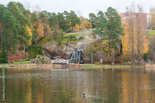Waterfall cascading over rocks in Sapokka landscaping park Kotka, Finland