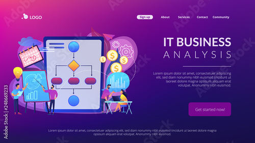 Businessmen work with improvement diagrams and charts. Business process management, business process visualization, IT business analysis concept. Website vibrant violet landing web page template.