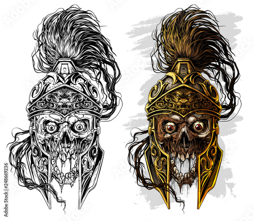 Detailed graphic realistic human skull in ancient metal ornate warrior helmet with golden lion face. On white background. Vector icon set.