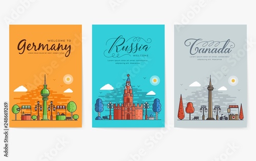 Set of outline different cities for travel destinations. Landmarks banner thin line of flyer, magazines, posters, book cover, banners. Layout world architectural flat illustrations modern pages