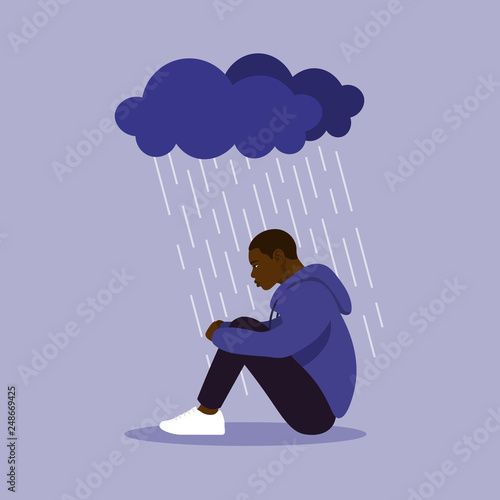 Profile of African American. A man sits clasping his legs. Depression and melancholy. Vector flat illustration