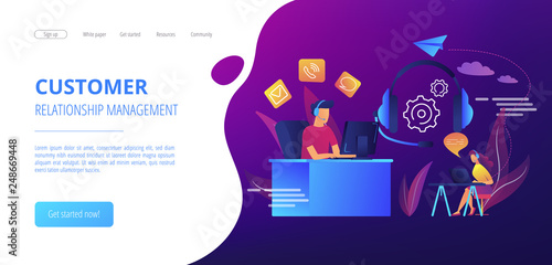 Contact center agents with headsets working at computers. Contact center, customer service point, customer relationship management concept. Website vibrant violet landing web page template.