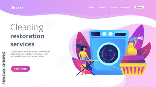 Laundry service worker ironing, washing machine. Dry cleaning and laundering, laundry facilities industry, cleaning and restoration services concept. Website vibrant violet landing web page template.