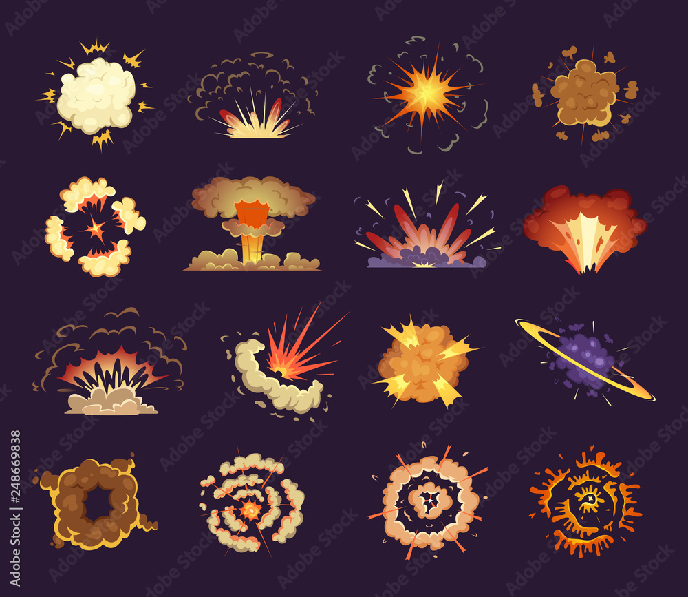 Fire explosion. Cloud lightning and blast vector cartoon burst. Illustration of fire explosion, cloud effect