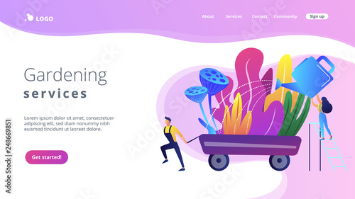 Landscape designer and gardener watering decorative plants on cart with water can. Landscape design, landscape planning, gardening services concept. Website vibrant violet landing web page template.