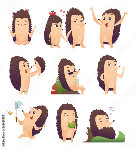 Cartoon hedgehog. Wild animal character in action poses vector funny cute mascot. Illustration of hedgehog character, wild animal with spiky