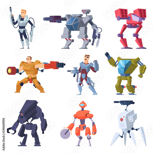 Combat robots. Armor transformers android protective electronic soldier future weapon vector characters. Illustration of robot machine, combat robotic technology
