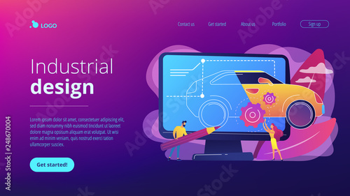 Industrial designers at computer drawing blueprint of modern car. Industrial design, product usability design, ergonomics development concept. Website vibrant violet landing web page template.